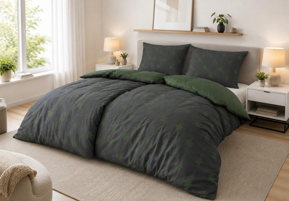 BETTWÄSCHE 2-teilig 135x200 cm + 40x80 cm Anthrazit mit grünen Sternen - Multicolor, Naturmaterialien (155/200cm) - Nesbel – Beauty & Ambiente