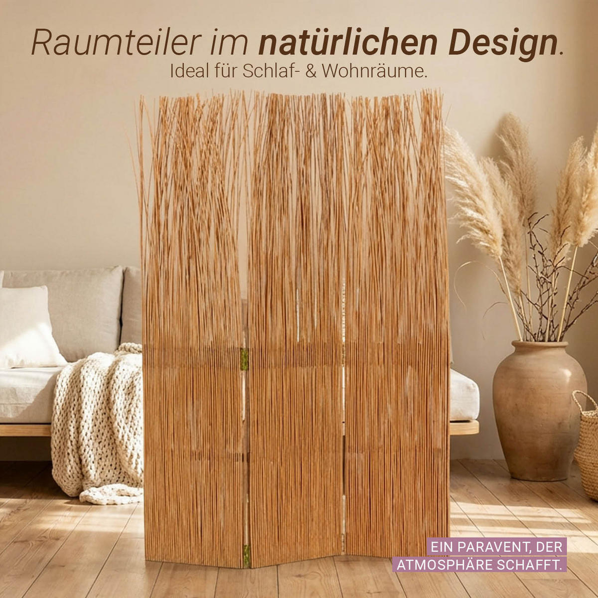 PARAVENT 3-tlg. 120/170 cm Hellbraun Weide - Hellbraun, Naturmaterialien (120/170/2cm) - Homestyle4u