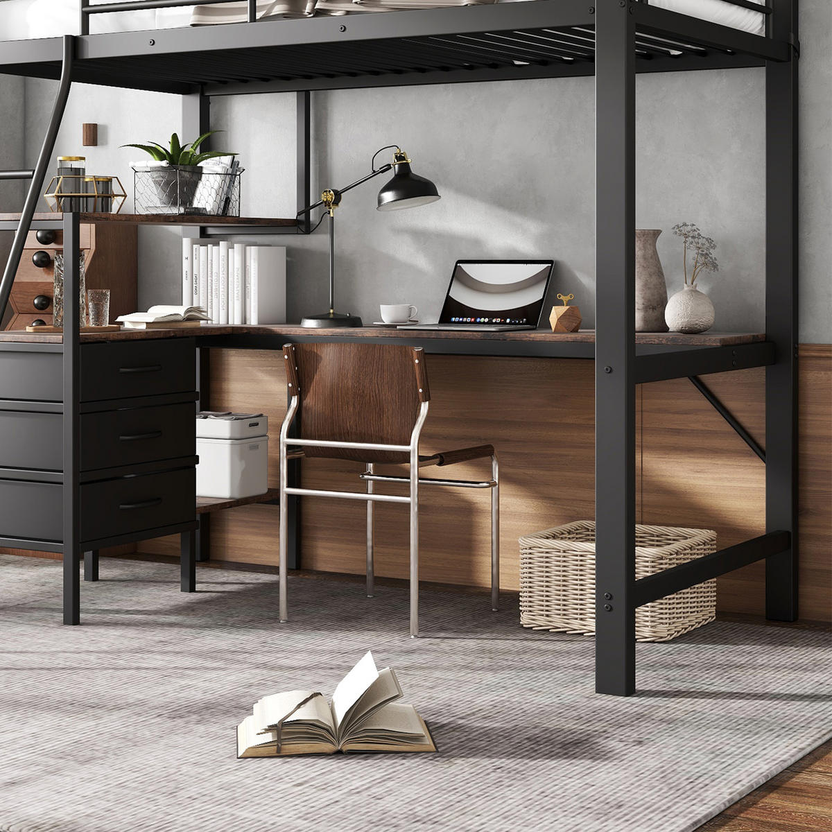 ETAGENBETT 90/200 cm in Schwarz & Dunkler Walnuss mit 3 Schubladen, Tisch und Regal - Schwarz, Holzwerkstoff/Metall (90/200cm) - CHICFURN