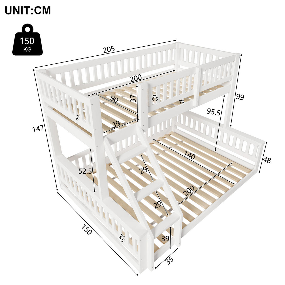 ETAGENBETT 90/200 cm + 140/200 cm in Weiß aus Kiefernholz mit Bettgitter - Weiß, Holz (90/200cm) - OKMYHOME