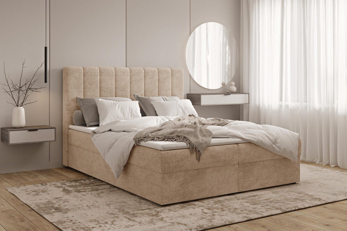 BOXBETT 01 180 x 200 cm - Arena – Stilvoll und bequem Mit Bettkasten, PU-Topper, Federmechanismus, waschbarer Bezug - Beige, Holz (180/200cm) - ROYAL24_MARKT