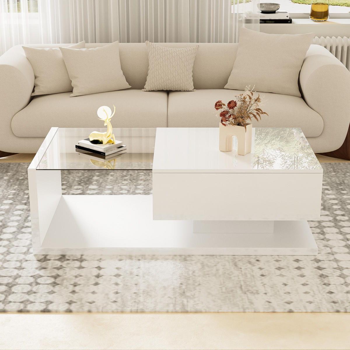 COUCHTISCH LED 105x55x32,5 cm, Glas, Schublade, Weiß - Weiß, Holz (55/105/32cm)