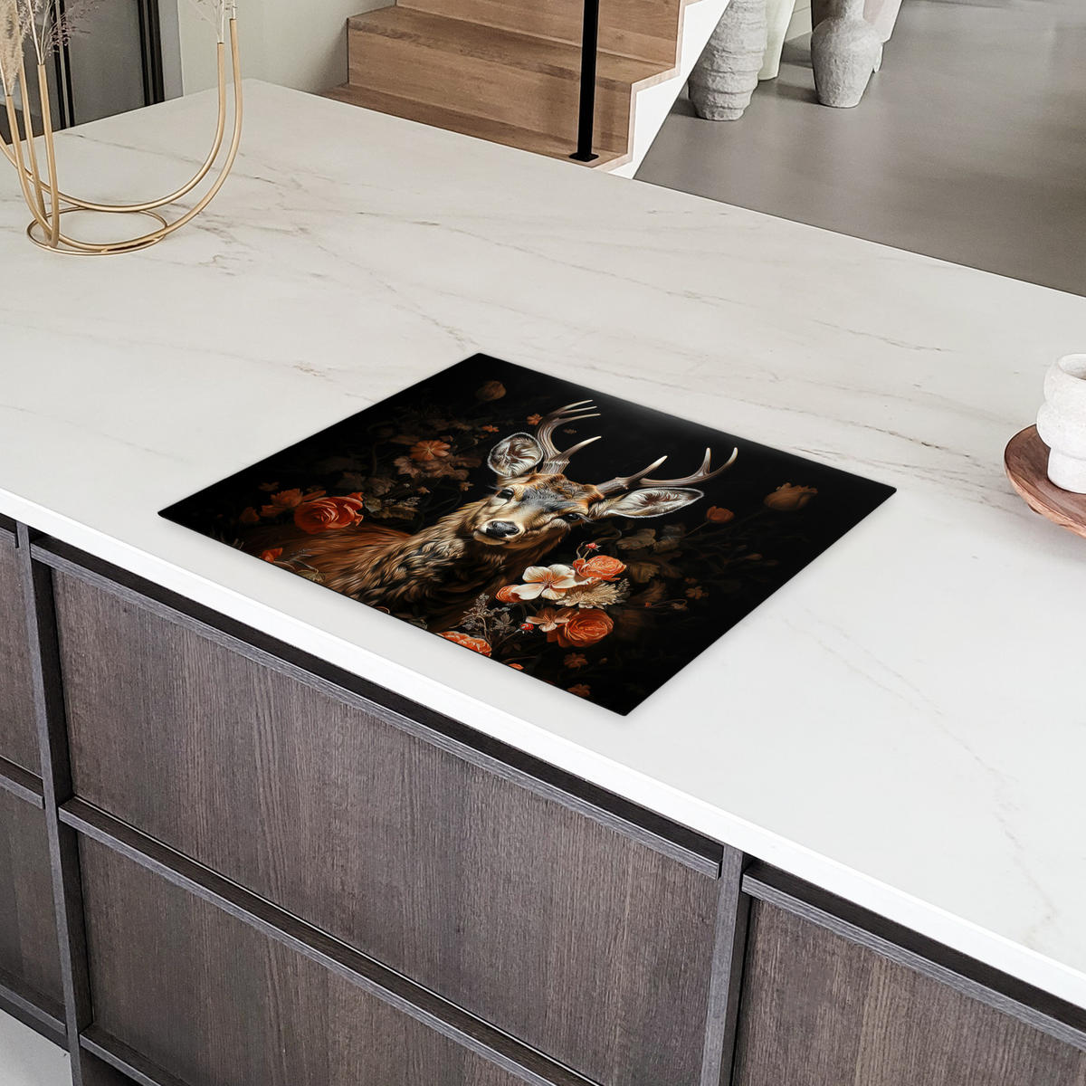 HERDABDECKPLATTE Hirsch - Tier - Blumen - Natur - Botanisch Herdabdeckung Induktionsfeld 65x52 cm - Kupferfarben, Kunststoff (65/52/0.2cm) - MuchoWow