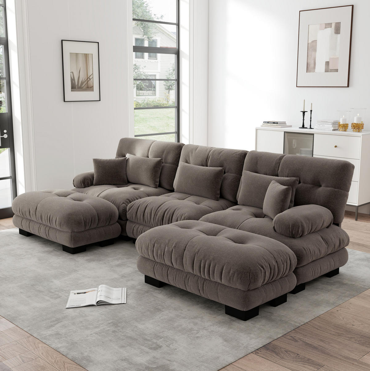 WOHNLANDSCHAFT aus Chenille in Braun mit Ottomanen modular - Braun, Textil (145/81/313cm) - Modfu