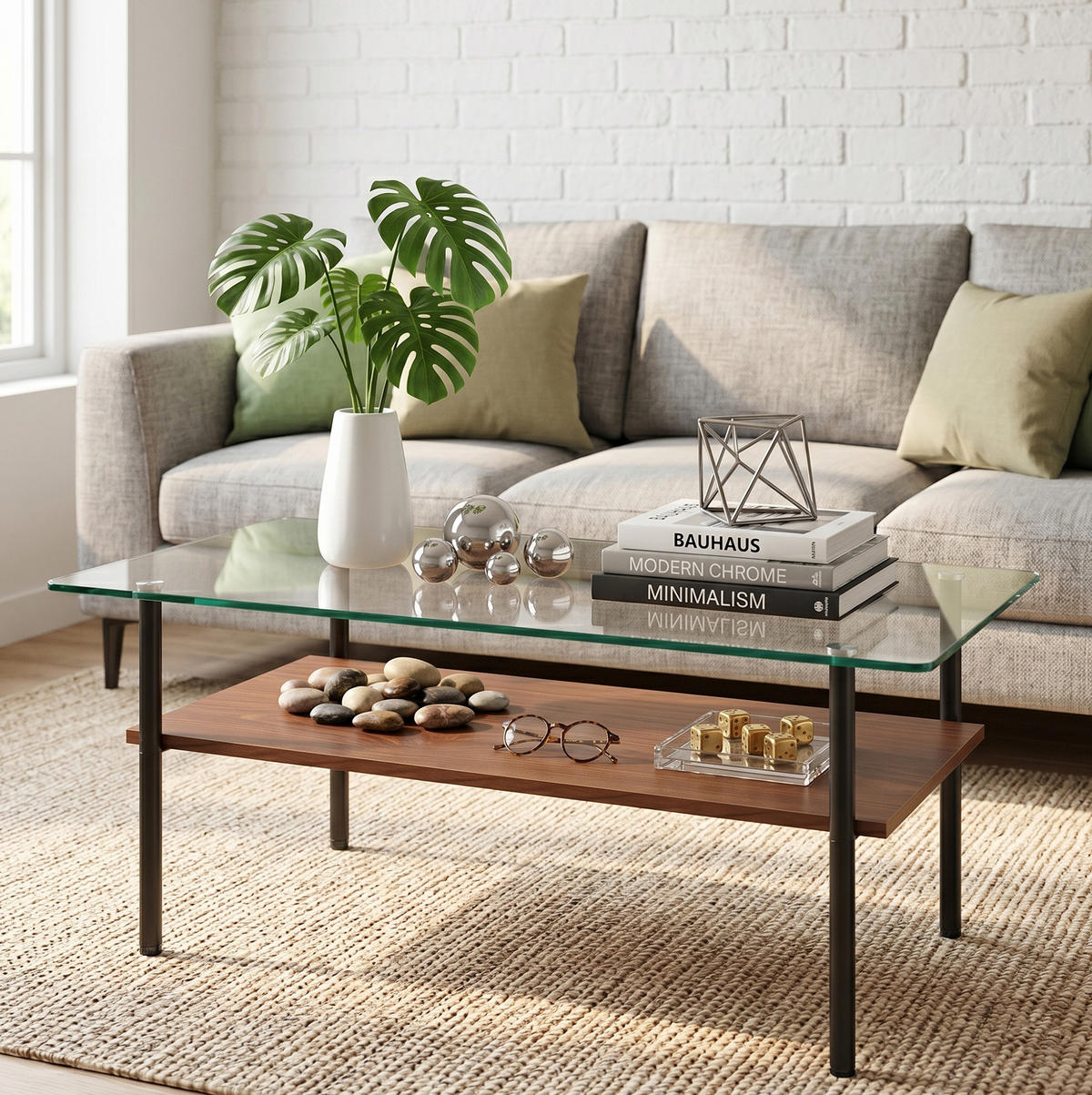 COUCHTISCH aus Glas 97x57x45 cm MDF und Metall Schwarz/Braun mit Ablagefläche - Schwarz, Holzwerkstoff (97.7/57.7/45cm) - IVMEU