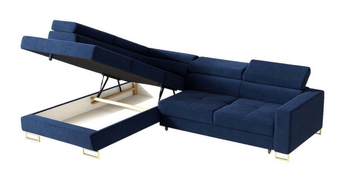 ECKSOFA Gold MERY Mit Verstellbaren Kopfstützen Links Ausziehbar - Blau, Textil (250/200cm) - Sepro Meble