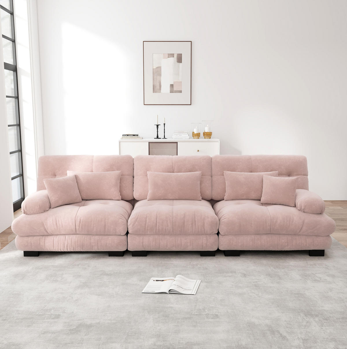 MODULARES Ecksofa aus Chenille in Pink 77x313x81 cm mit tiefem Sitz und Kissen - Pink, Textil (313/77cm) - IVMEU