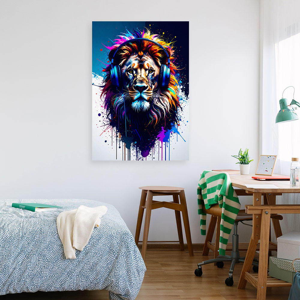 LEINWANDBILD DJ Löwe mit Kopfhörern Musik Bunt 70x100cm - Multicolor, Textil (70/100cm) - Feeby