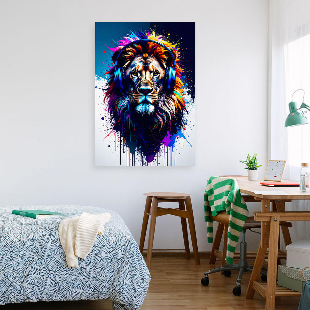 LEINWANDBILD DJ Löwe mit Kopfhörern Musik Bunt 80x120cm - Multicolor, Textil (80/120cm) - Feeby