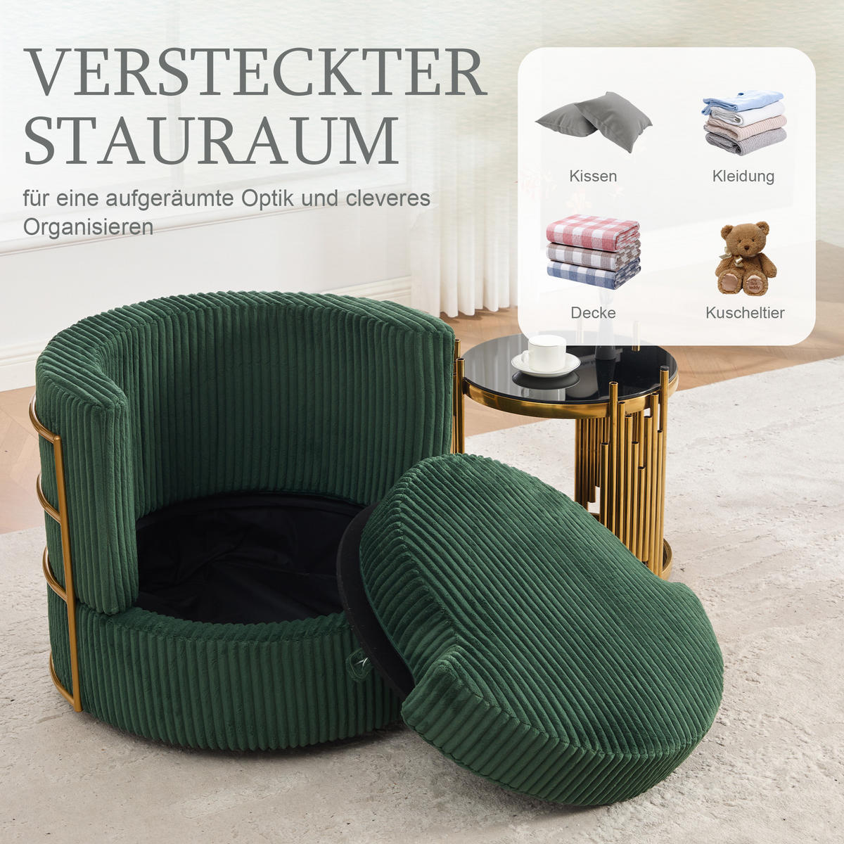 KŘESLO Otočné manšestrové se skrytým úložným prostorem, smaragdové - smaragdově zelená, textil (76/65/79cm) - Urban Meuble