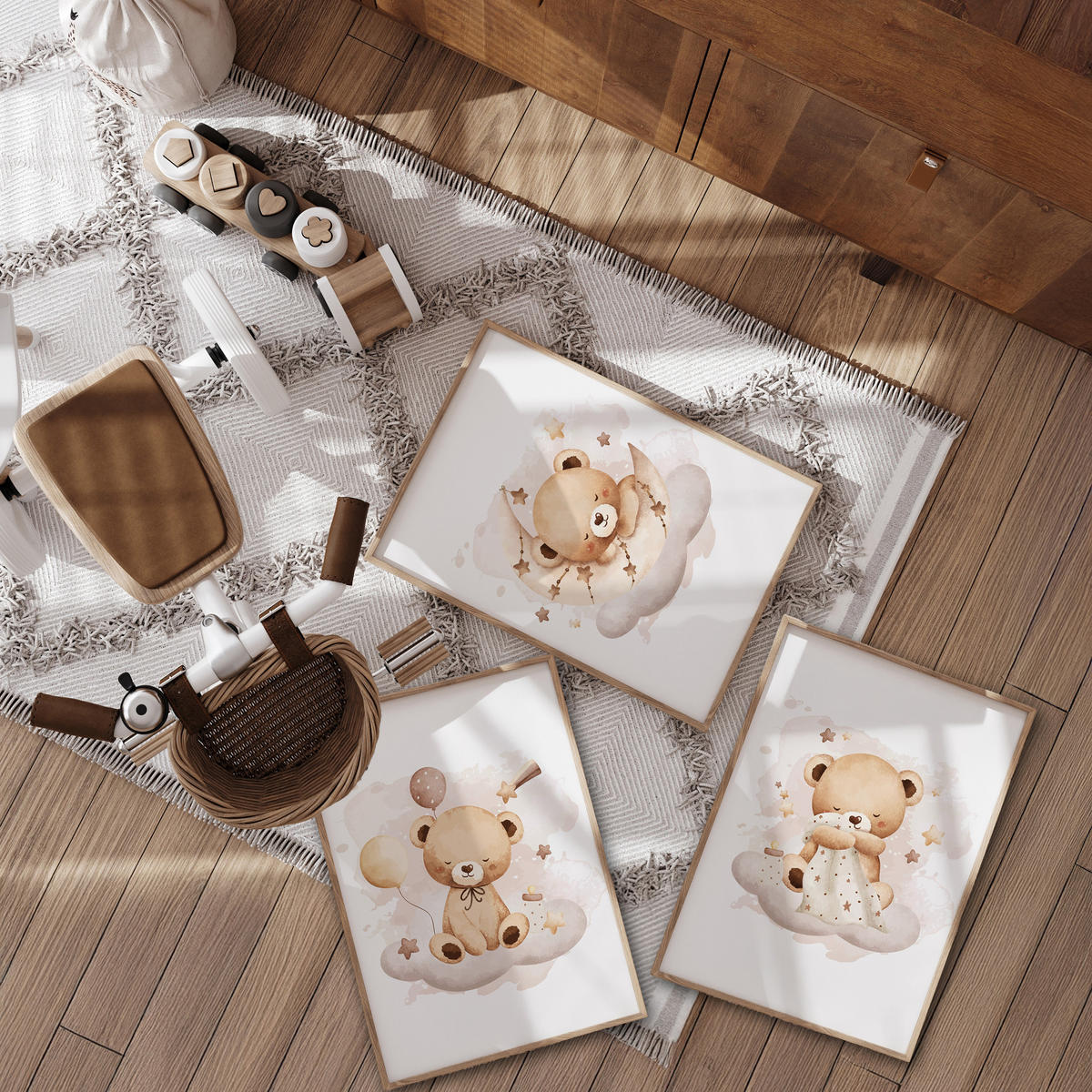 SADA PLAGÁTOV Do Detskej Izby Spiace Medvede Na Oblakoch Hviezdy 3x Plagát A3 30 x 42 cm - hnedá/biela, papier (30/42/1cm) - Muralo