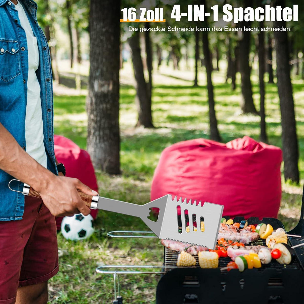 GRILLBESTECK 26-teiliges Set Edelstahl mit Koffer und Fleischthermometer - Braun, Metall (44.5cm)