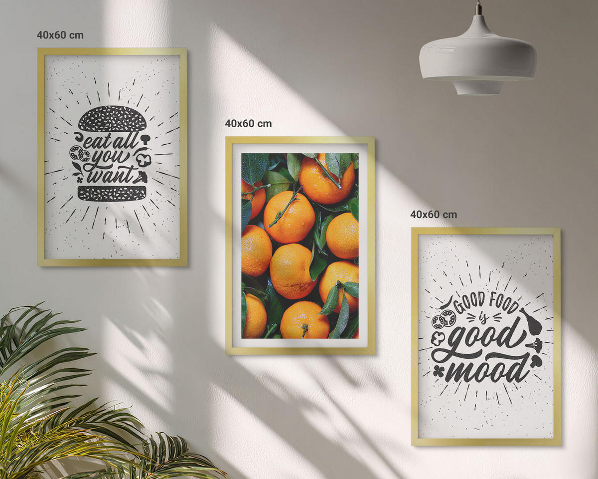 WANDBILDER 3er Set - 40x60 cm Goldrahmen - Juicy Oranges Kitchen - Goldfarben, Kunststoff (40/60cm) - ArtPrintCave