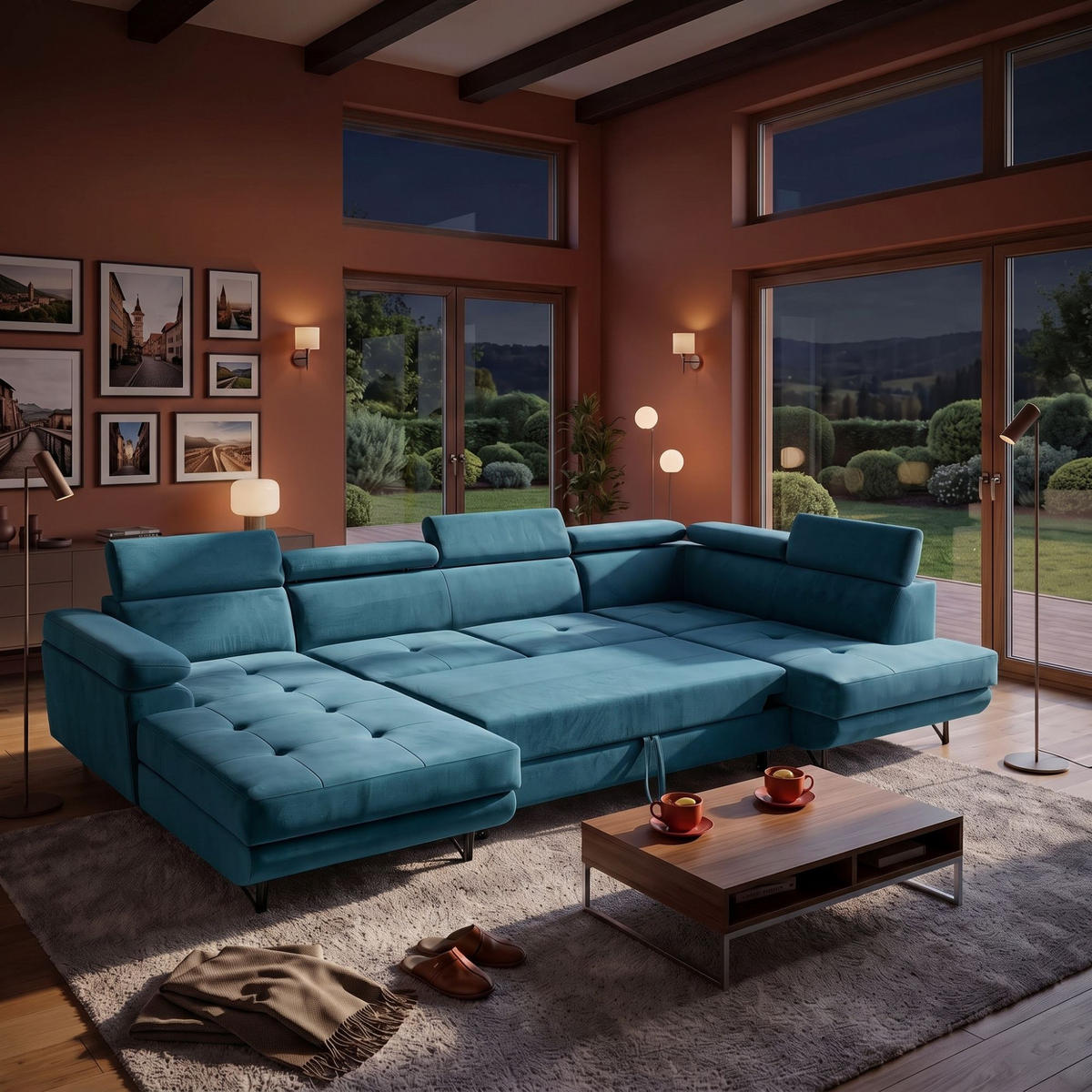 ECKSOFA U-Form JUNIOR U Rechts mit Schlaffunktion 128x254 Velours Smaragdgrün - Smaragdgrün/Schwarz, Holz/Textil (184/90/323cm) - Muffo