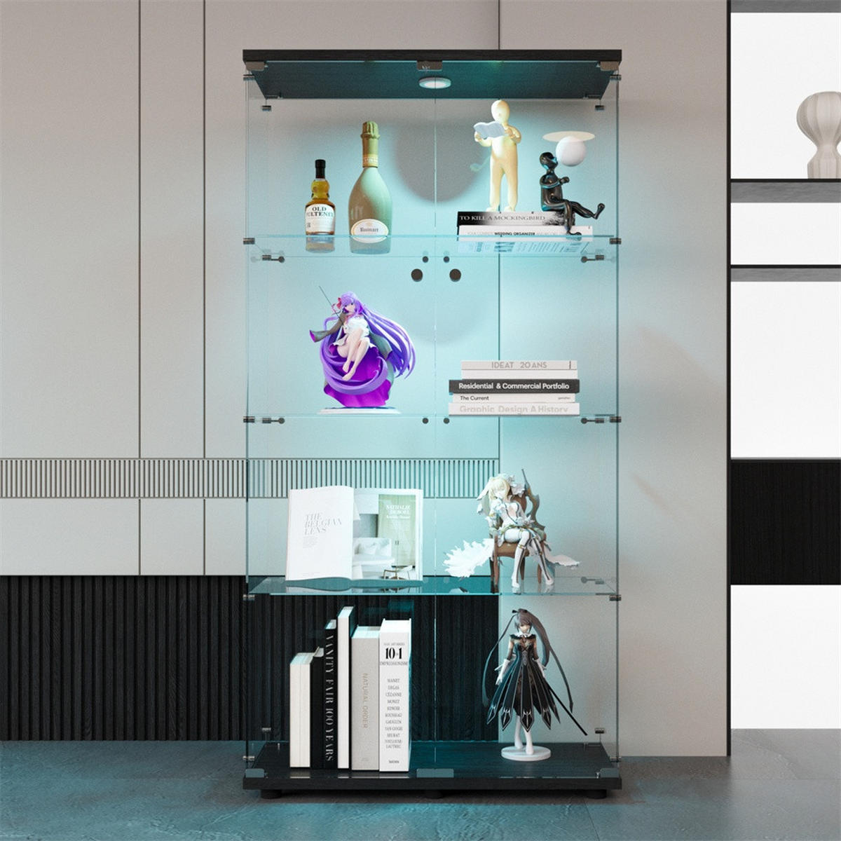 VITRINE mit LED Beleuchtung- Glaskvitrine mit 4 Ebenen und 2 Türen - für Wohnzimmer und Büro - Schwarz - Schwarz, Glas (80.49/163.9/36.49cm) - DELFA