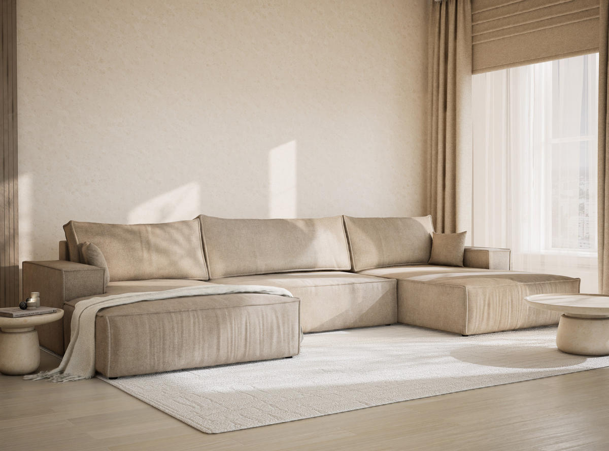 WOHNLANDSCHAFT Kyoto Beige Webstoff - Beige/Schwarz, Holz/Holzwerkstoff (398/70/148cm) - Maison de Reve