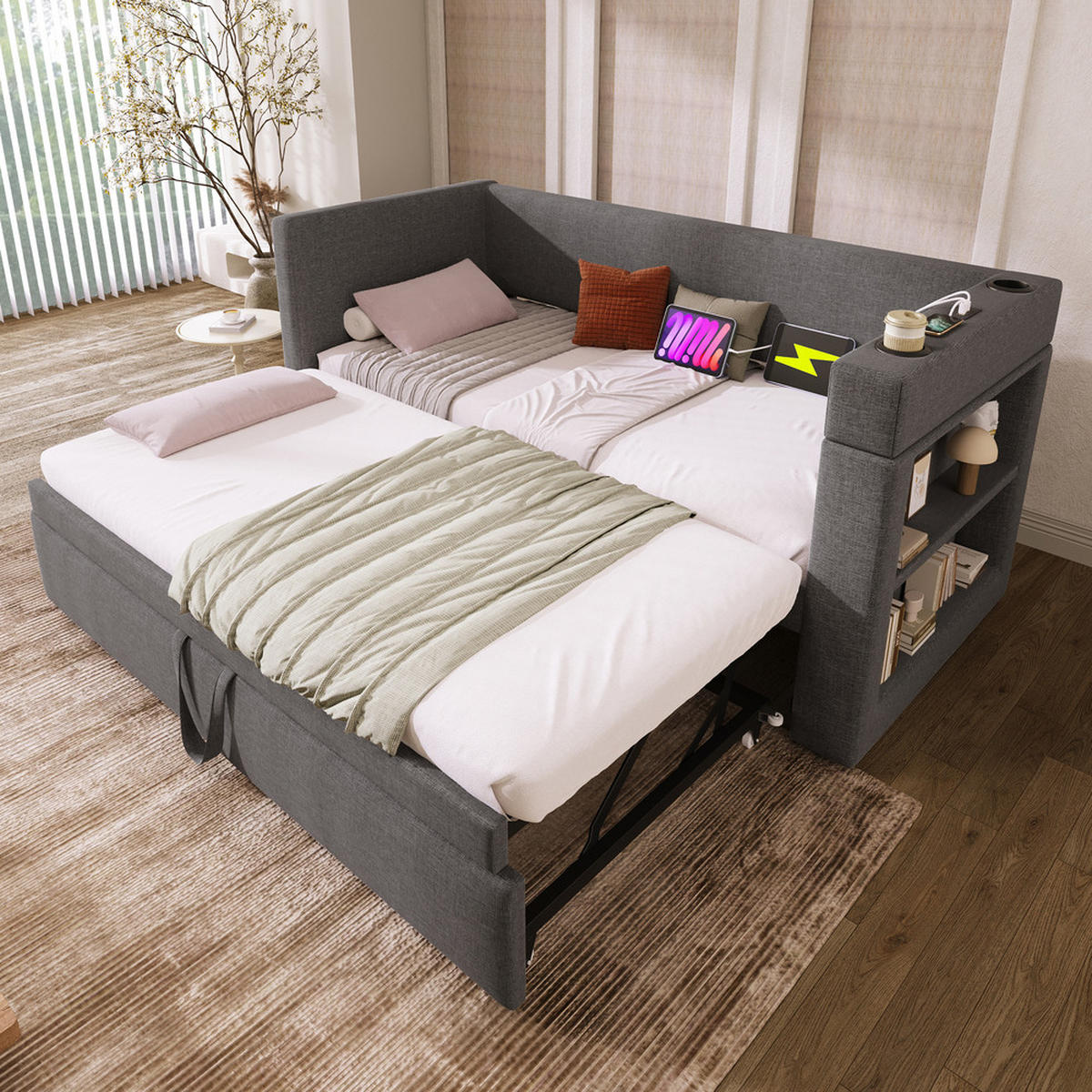 TAGESBETT 90x190cm Einzelbett Schlafsofa Ausziehbett USB-C & Halter Grau - Grau, Holz (90/190cm) - FLIEKS