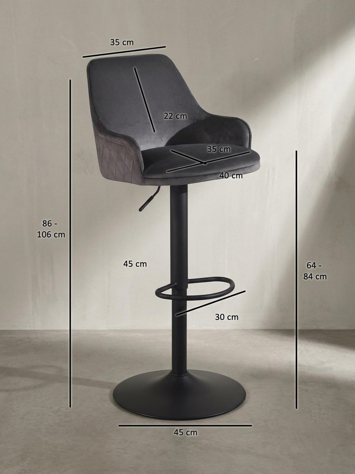 BARHOCKER Samt Lehne Höhenverstellbar Trompetenfuß Armlehne Gepolstert, Grau 45x45x106 cm - Schwarz/Grau, Textil/Metall (45/106/45cm) - KADIMA DESIGN