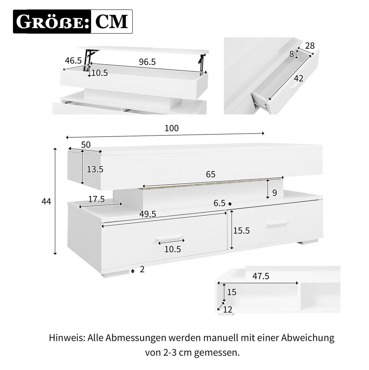 COUCHTISCH höhenverstellbar 100 x 50 x 44 cm Weiß mit LED und 2 Schubladen - Weiß, Holzwerkstoff (100/50/44cm) - Meubliv