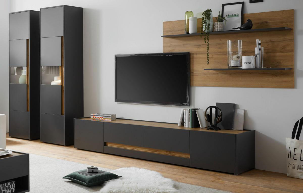 WOHNWAND 4-teilig grau matt, Eiche Wotan 400 cm, Kombination mit XL-TV-Schrank - Eiche Wotan/Grau, Glas/Holz (400/197/45cm) - Furn.Design