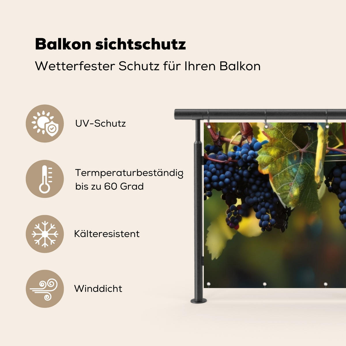 BALKON-SICHTSCHUTZ Trauben - Wein - Natur - Grün - Weinrot, Kunststoff (300/80cm) - MuchoWow
