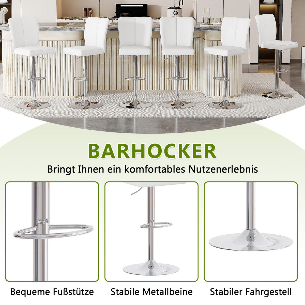 BARHOCKER 2er-Set höhenverstellbar 95,5-117,5 cm Weiß/Silber - Weiß, Metall (44/117.5/44.5cm) - Meubliv