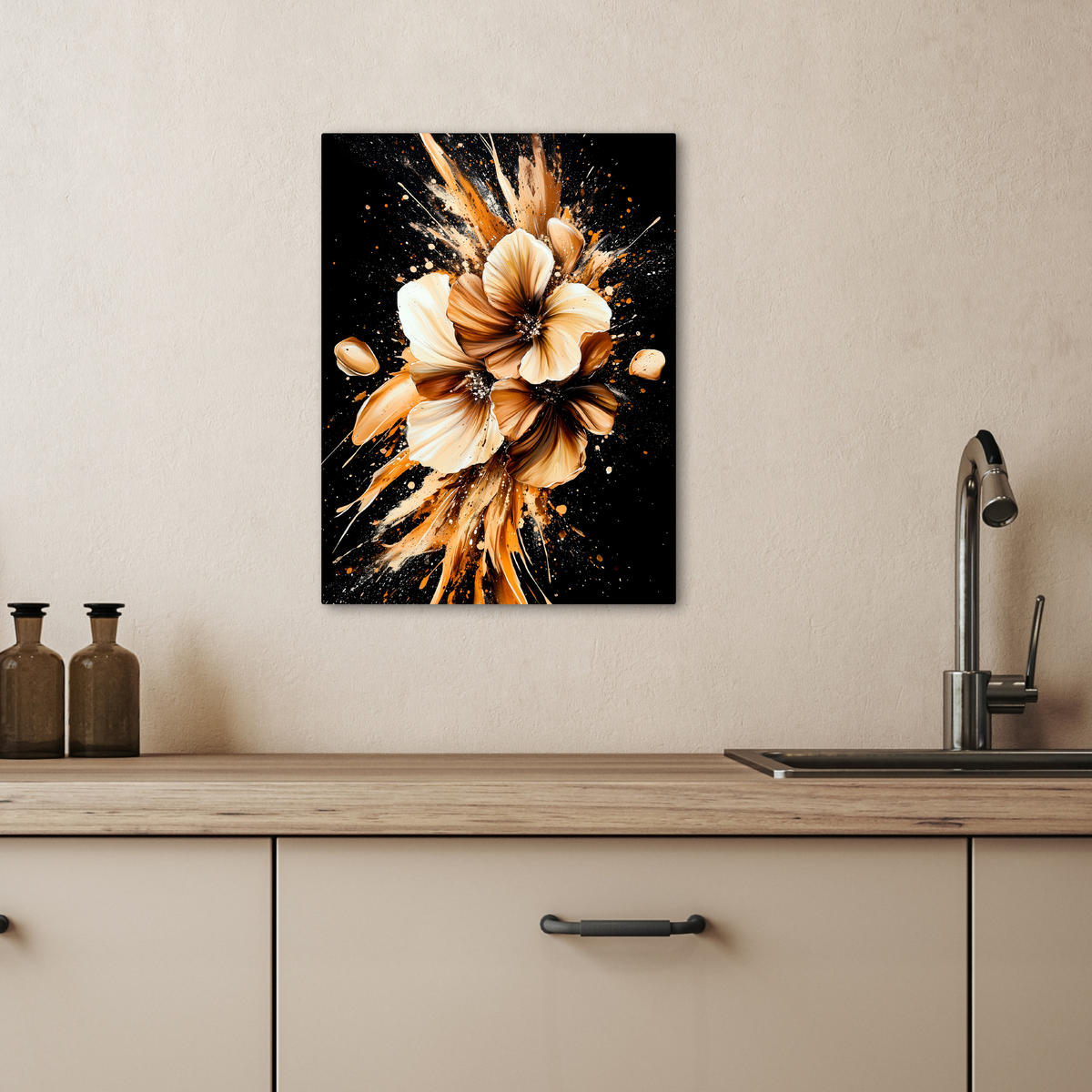 LEINWANDBILD Blumen - Gold - Graffiti - Schwarz - Abstrakt 30x40 cm - Cappuccino, Textil (30/40cm) - MuchoWow