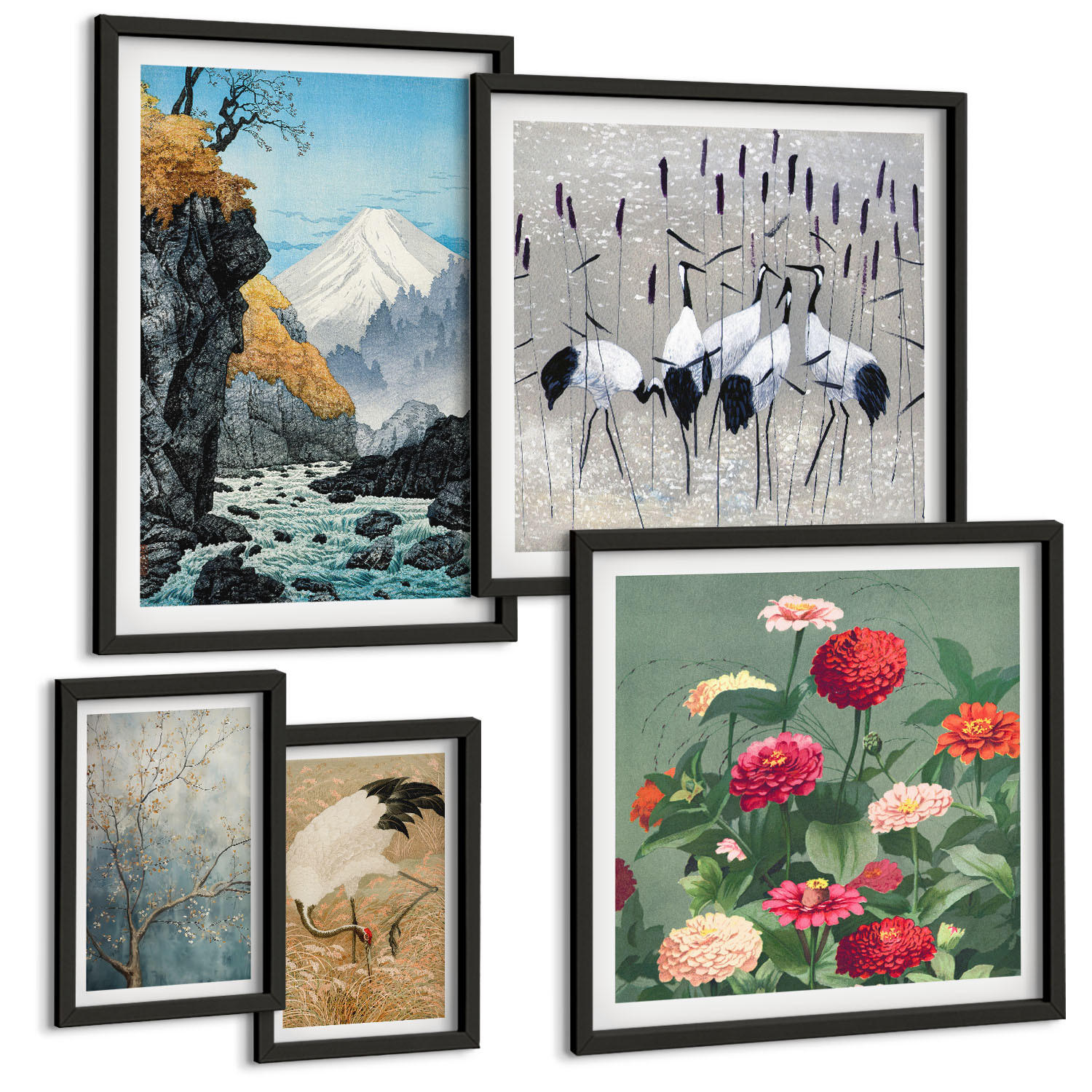 BILDER SET 5er Set - 50x50 cm & 20x30 cm & 40x60 cm Schwarzer Rahmen - Berge, Fluss, Blumen, Kraniche - Schwarz, Kunststoff (40/60cm) - TULUP