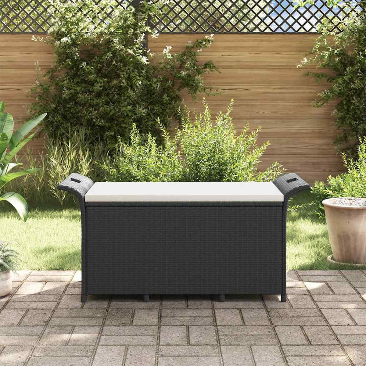 GARTENBANK mit Kissen Schwarz 116x46x57 cm Poly Rattan - Schwarz, Kunststoff (116/57/46cm) - furnicato