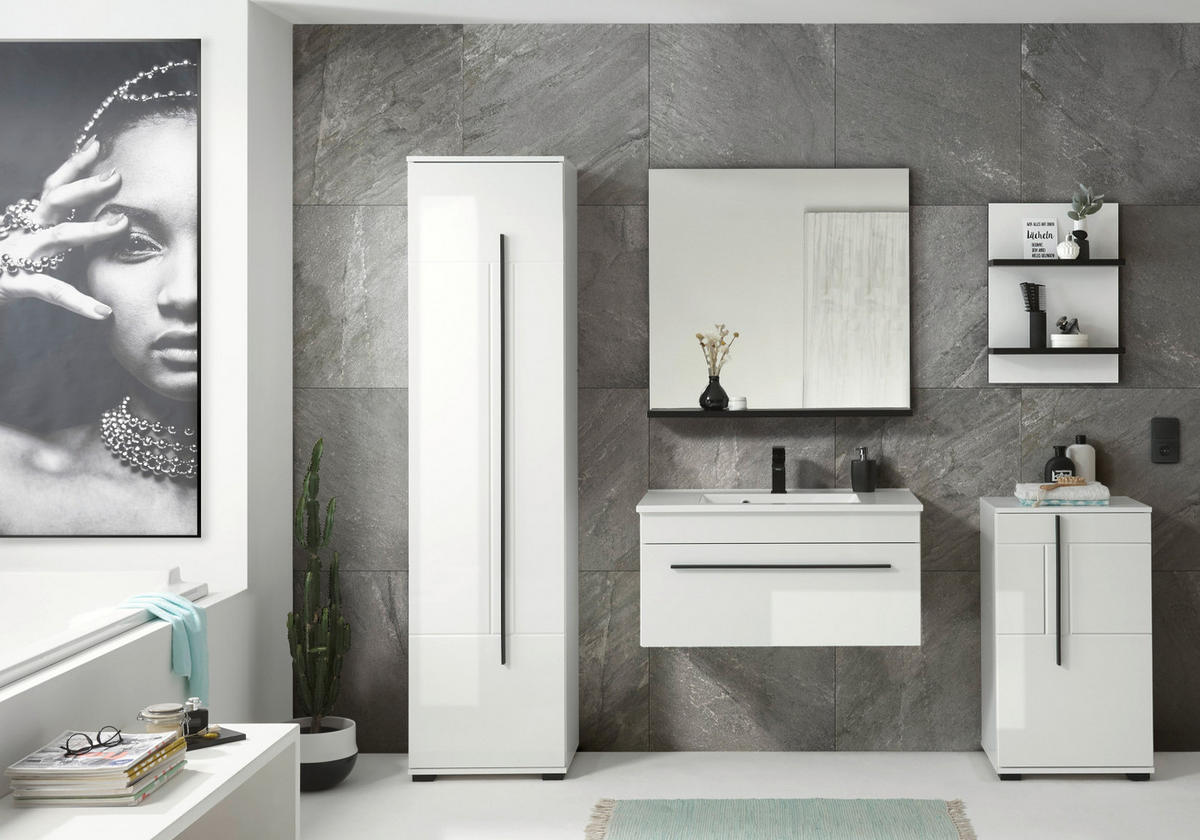 BADMÖBEL-SET weiß Hochglanz schwarz, Badkombination MIT Waschbecken, 190 x 200 cm - Weiß Hochglanz/Schwarz, Holzwerkstoff/Kunststoff (190/200/45cm) - Furn.Design