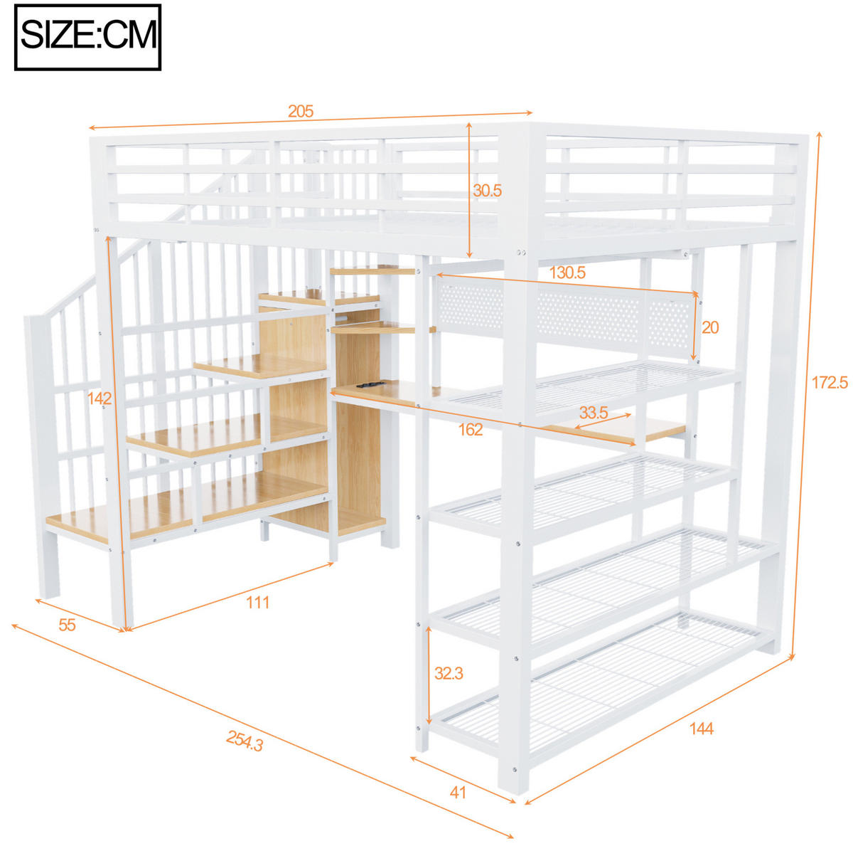 HOCHBETT 140/200 cm aus Metall und Holz mit Schreibtisch, LED und Treppe Weiß - Weiß, Metall (140/200cm) - OKMYHOME