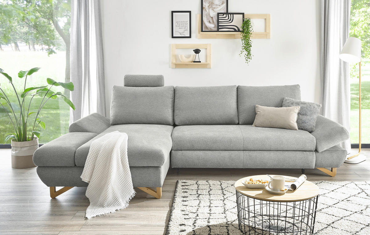ECKSOFA hellgrau Struktur-Stoff, Sofa mit Bettfunktion und Stauraum 284 cm - Hellgrau, Holz/Textil (166/284cm) - Furn.Design