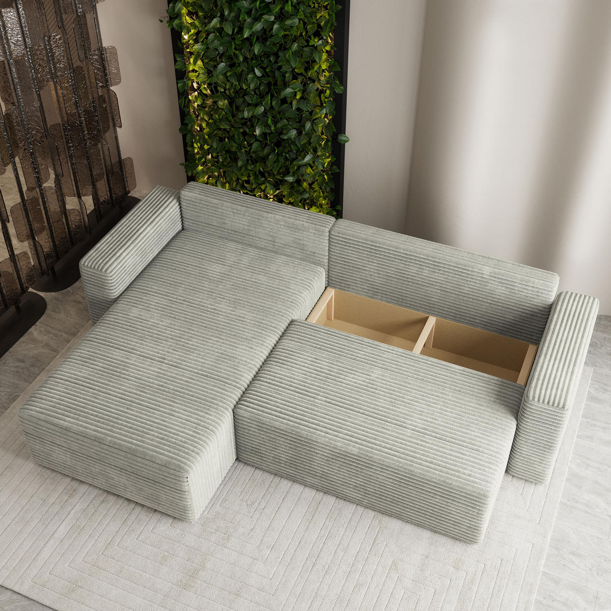 ECKSOFA CALTI T Hellgrau Kordstoff mit Schlaffunktion - Hellgrau, Holzwerkstoff/Textil (283/183cm) - MASSENO