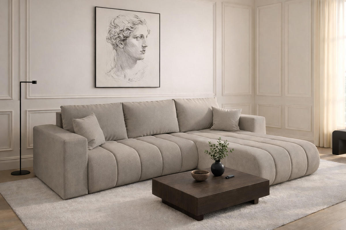 ECKSOFA mit schlaffunktion und bettkasten MILO PREMIUM, stoff WIND, Grau, Rechts - Hellgrau, Holz (280/190cm) - Kaiser Möbel