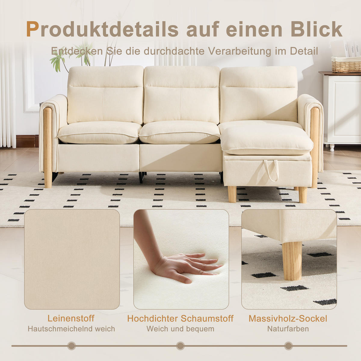 ECKSOFA DE-33940 mit Stauraumhocker und Seitentaschen Beige - Beige, Holz (77/201cm) - ComfortXL