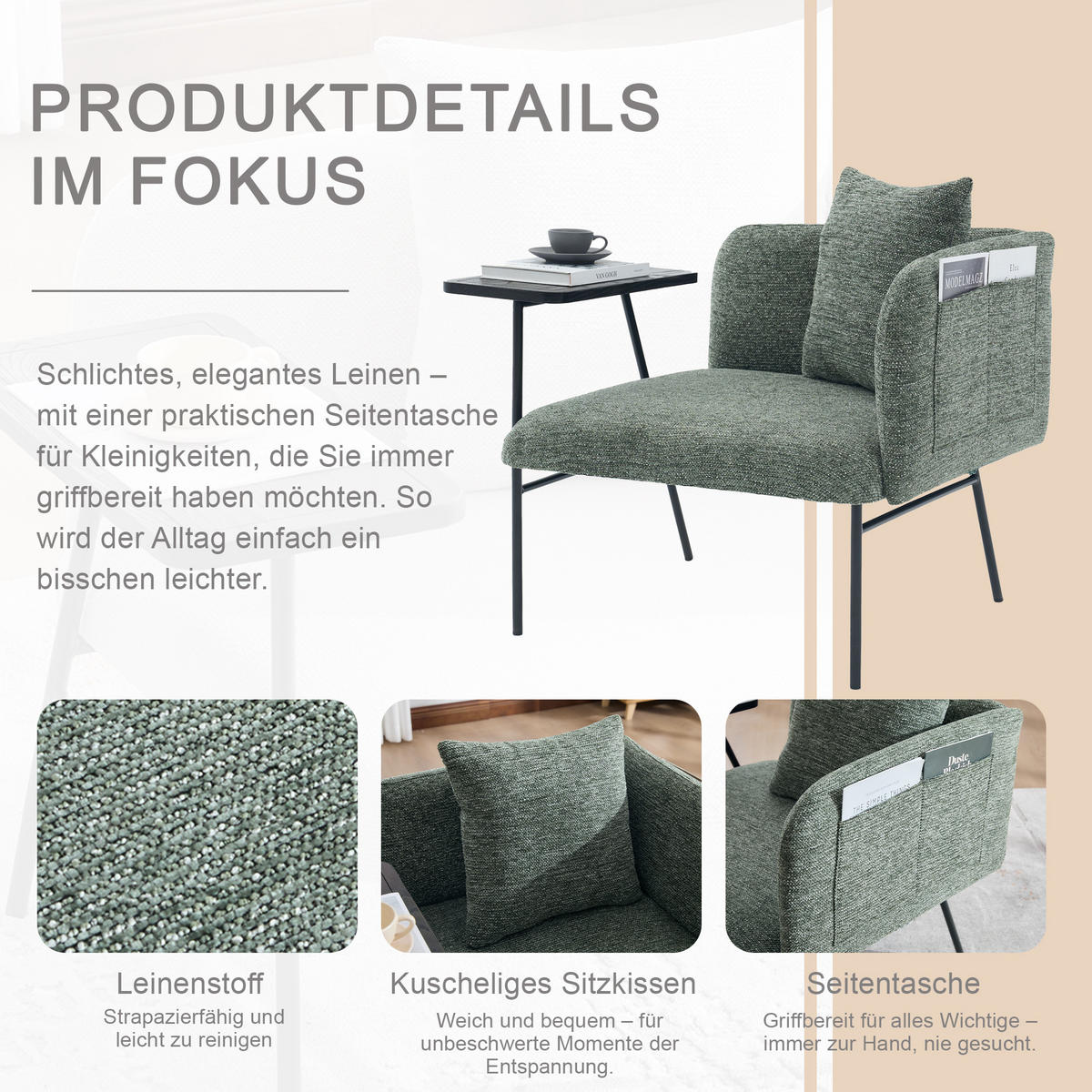 SESSEL Chenille Smaragdgrün mit Beistelltisch und Seitentaschen - Grün, Textil/Metall (86/71/72cm) - WISHDOR