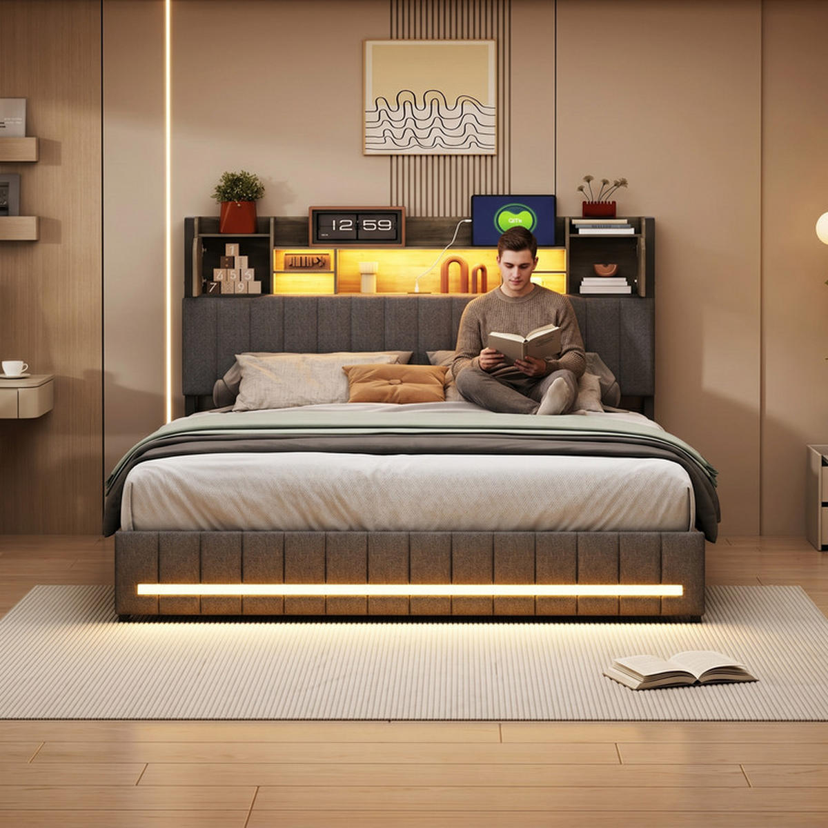 POLSTERBETT 140/190 cm grau mit Stauraum, Schubladen und LED - Grau, Holz