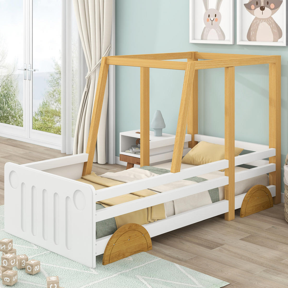 DETSKÁ posteľ 90/200 cm z borovice a MDF, biela a prírodná, v tvare auta - biela, drevo (90/200cm) - BEAOK
