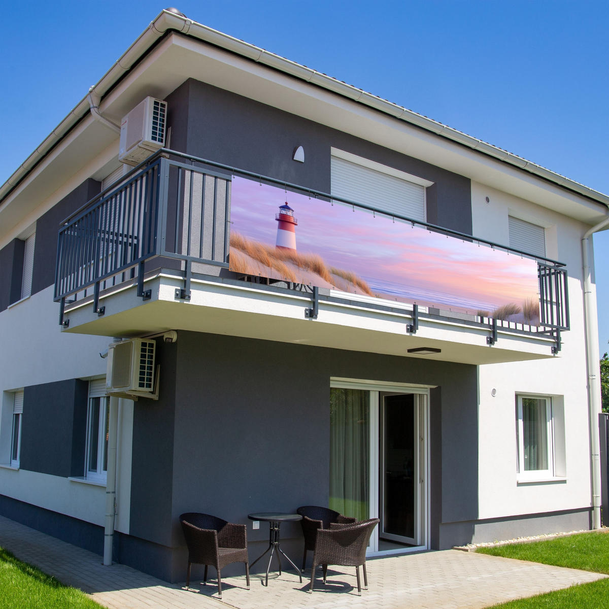 BALKON-SICHTSCHUTZ Leuchtturm - Dünen - Sonnenuntergang 500x120 cm - Hellrosa, Kunststoff (500/120cm) - MuchoWow