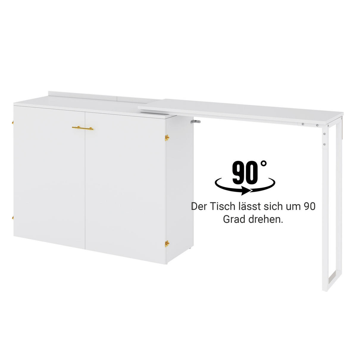 KLAPPBETT 90/200 cm mit drehbarem Schreibtisch, Matratze und Rollen, platzsparend aus Metall, Weiß/Holzfarbe - Weiß, Metall (90/200cm) - Redom