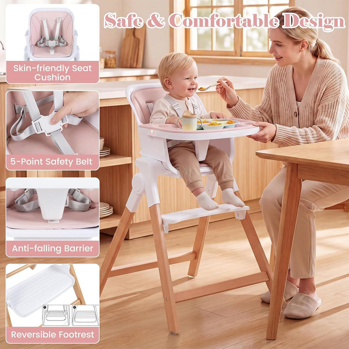 KINDERHOCHSTUHL mit Tablett rosa - Pink, Holz (71/93/58cm) - COSTWAY