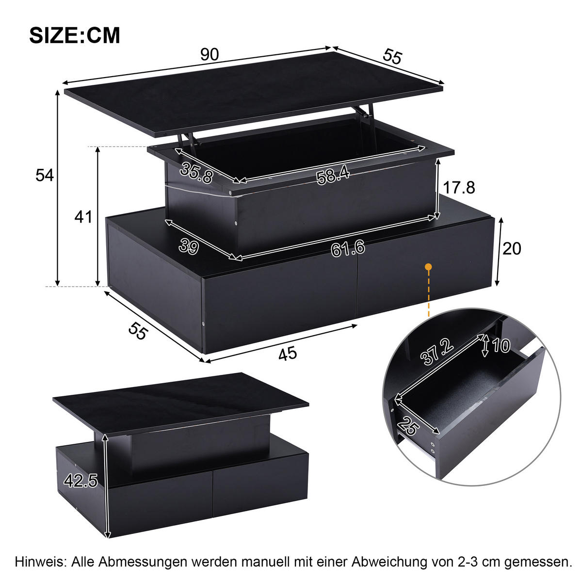 COUCHTISCH DE-206 Schwarz mit LED-Beleuchtung - Schwarz, Holzwerkstoff (55/90/41cm) - ComfortXL