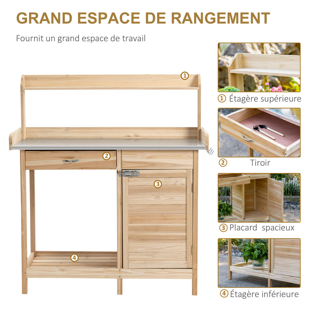 PFLANZTISCH DE-18936 mit Schublade, Schrank, 2 Regalböden Naturholz - Naturfarben, Holzwerkstoff (112/48/125cm) - ComfortXL