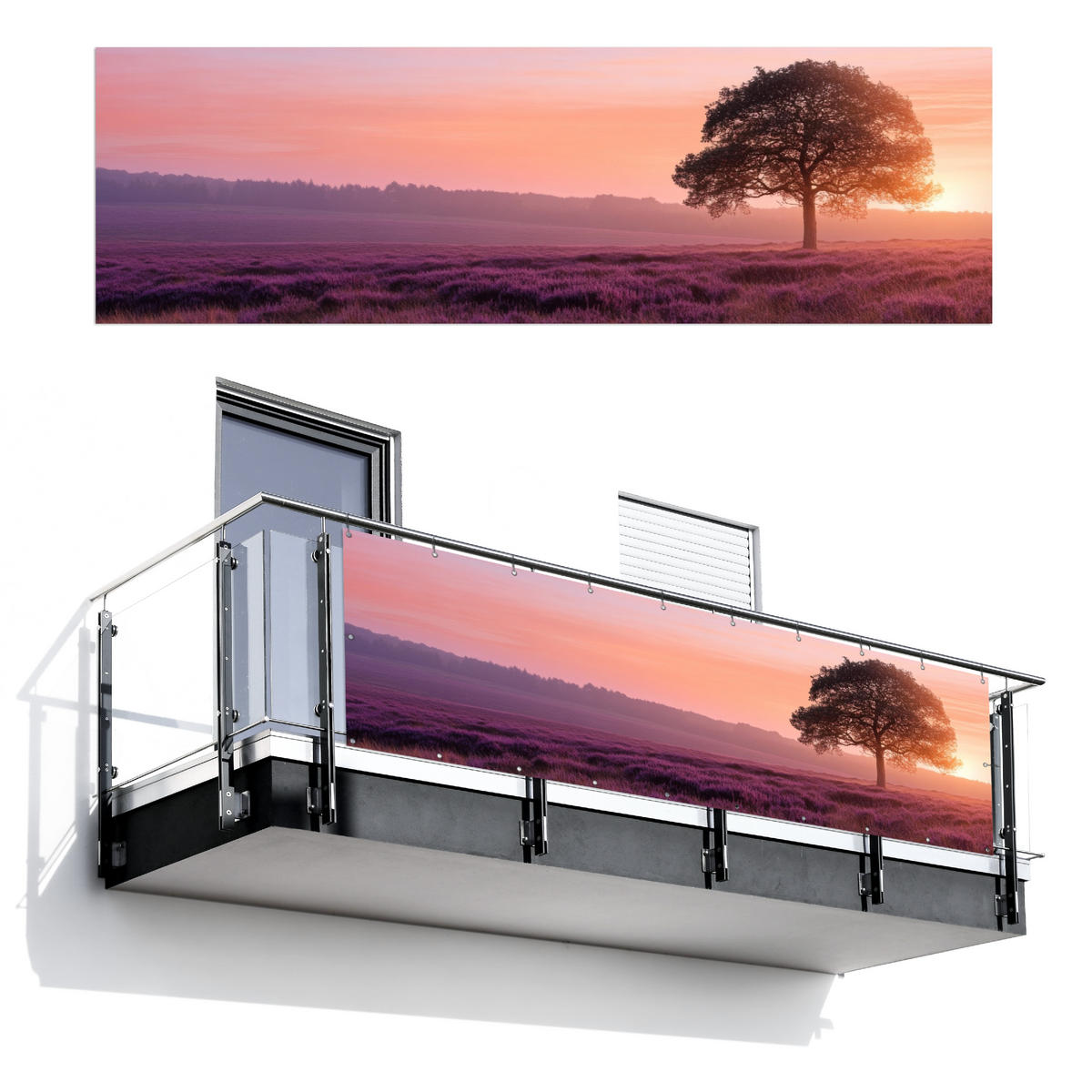 BALKON-SICHTSCHUTZ Baum - Heidekraut - Sonnenaufgang - Flieder, Kunststoff (300/95cm) - MuchoWow