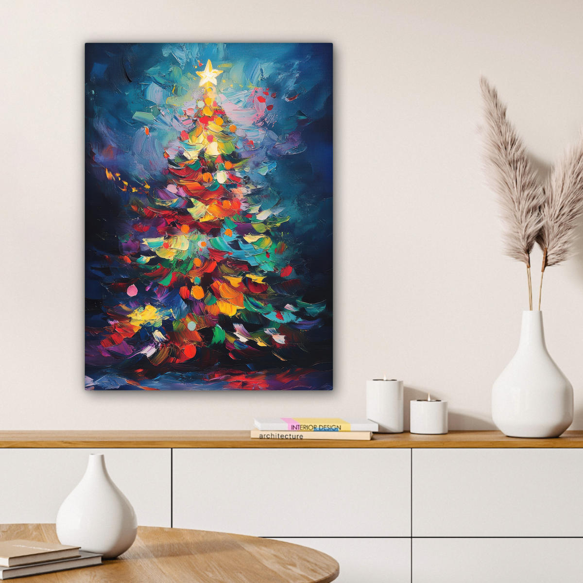 LEINWANDBILD Weihnachtsbaum - Weihnachten - Abstrakt - Farbenfroh Wandbild Wohnzimmer 60x80 cm - Multicolor, Textil (60/80cm) - MuchoWow