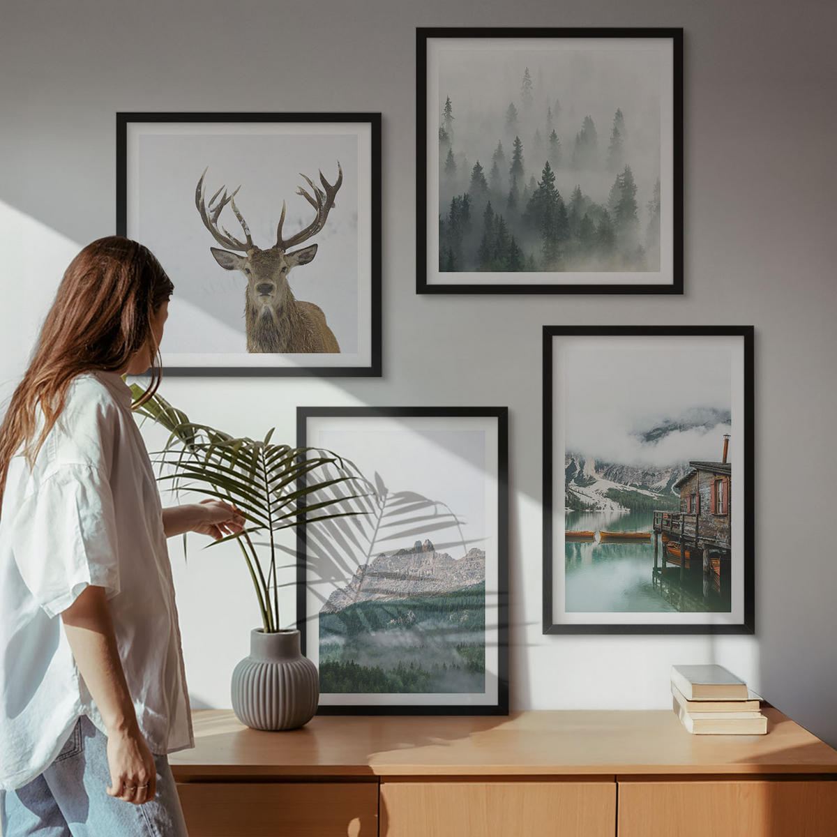 WANDBILDER 4er-Set - 50x50 cm & 40x60 cm Schwarzer Rahmen - Berge, See, Hirsche, Hütte, Nebel - Schwarz, Kunststoff (50/50cm) - ArtPrintCave