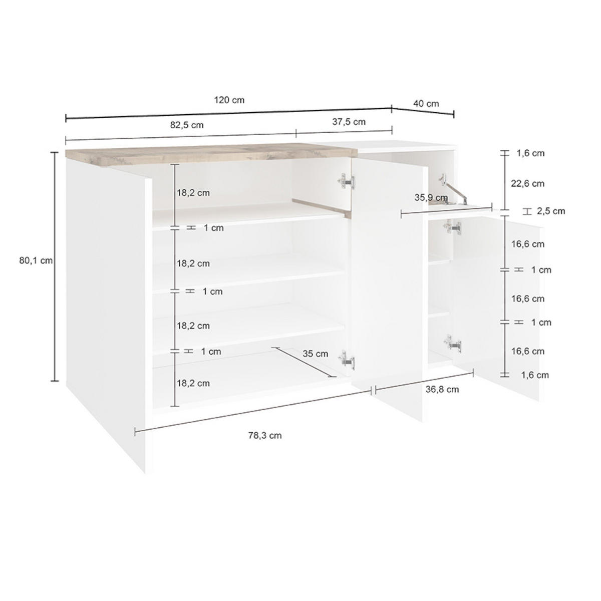 SCHUHSCHRANK Glänzendes Weiß, Ahorn 40/120/80 cm - Ahornfarben/Weiß, Holzwerkstoff (120/80/40cm) - DMORA