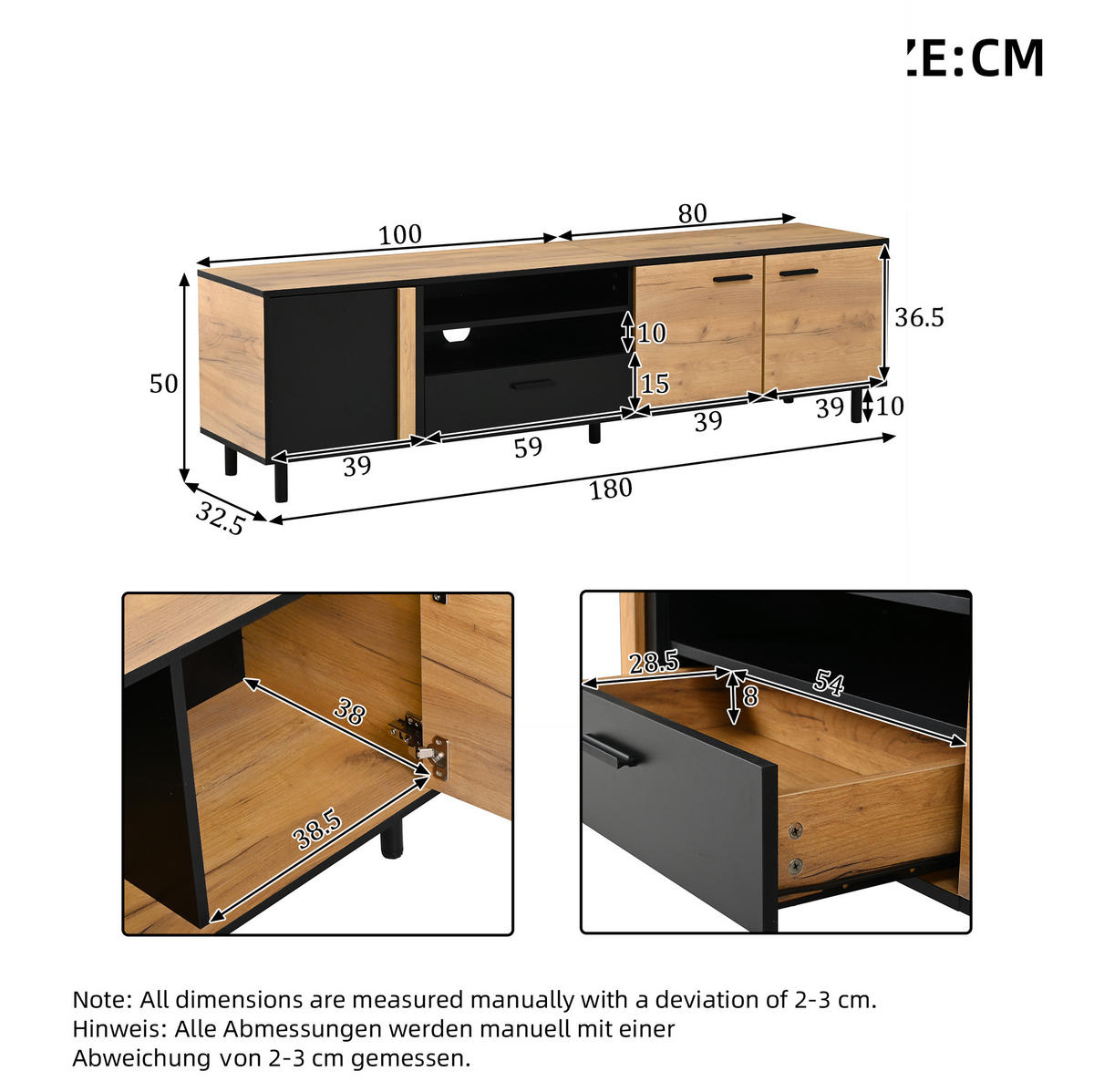 TV-LOWBOARD 180/32,5/50 cm schwarz-Holzoptik aus Spanplatte mit 3 Türen - Schwarz, Holzwerkstoff (180/50/32.5cm) - OKWISH