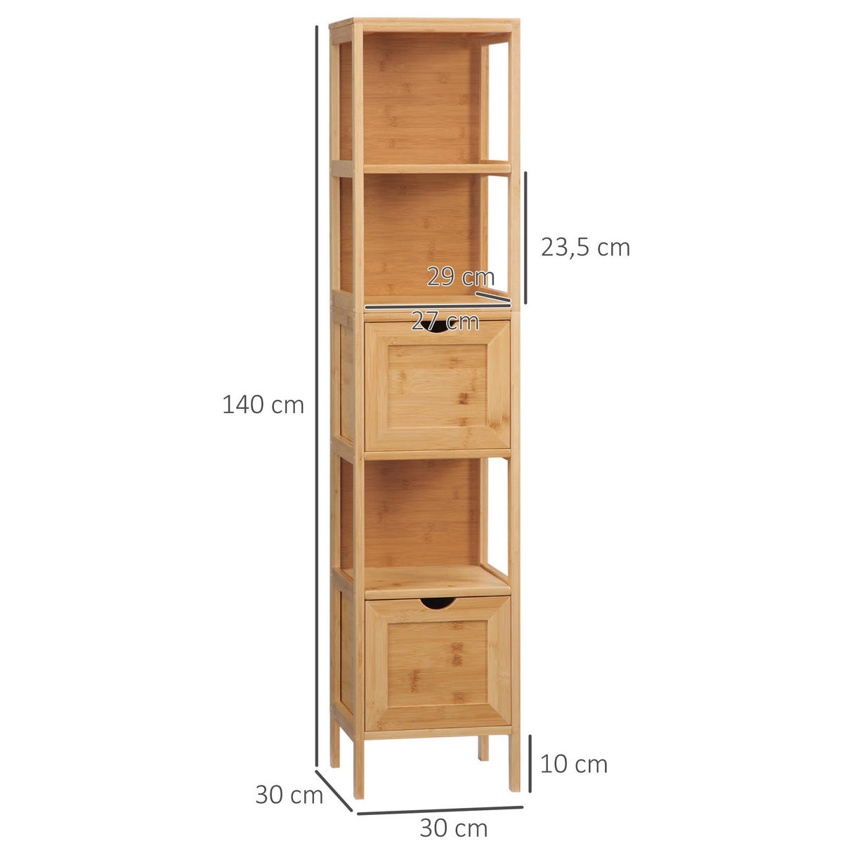 BADEZIMMERSCHRANK 30x30x140 cm Natur aus Bambus mit Kippsicherung & 2 Schubladen - Naturfarben, Naturmaterialien (30/140/30cm) - Modfu