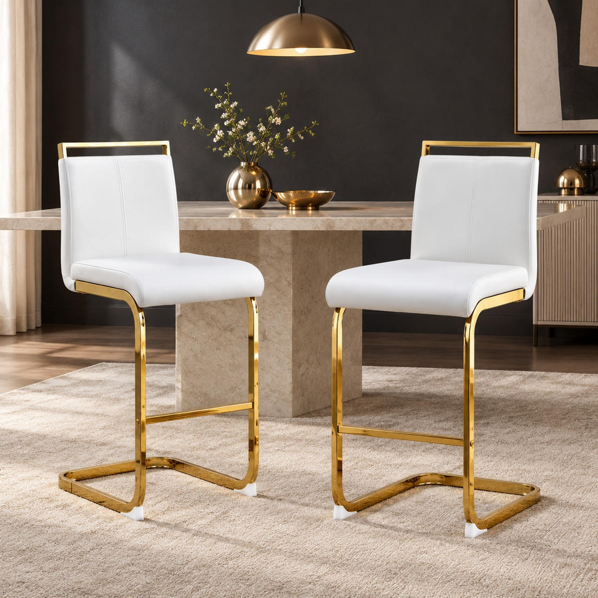 BARHOCKER 2er-Set Weiß/Gold mit Fußstütze - Weiß, Metall (46.5/96.5/39cm) - MIVRAY